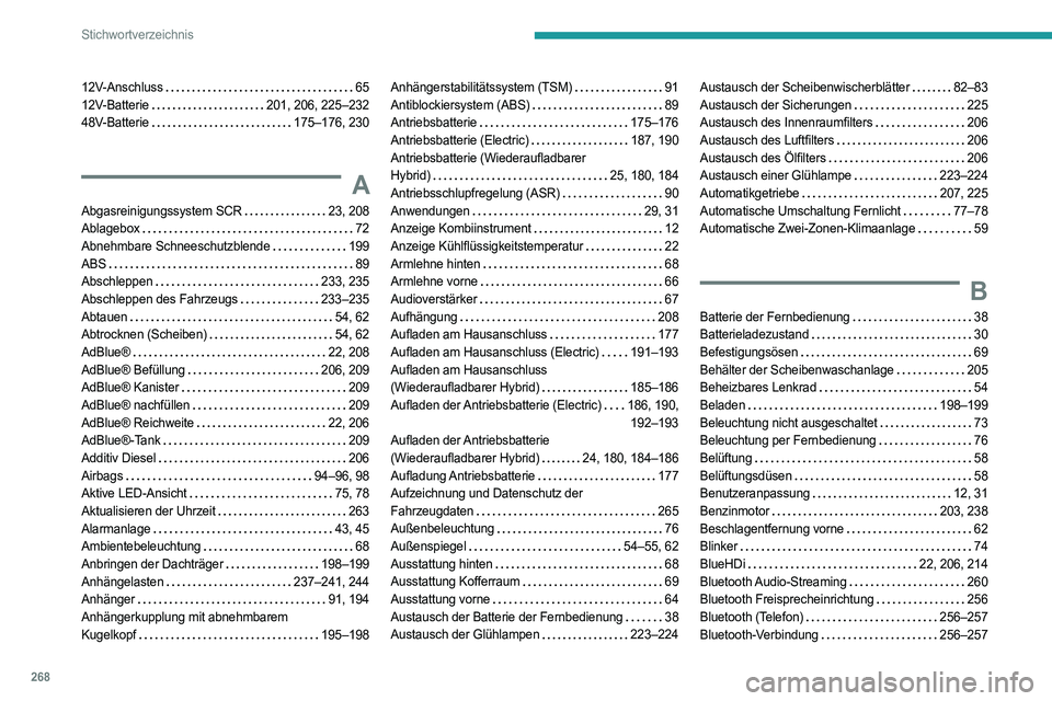 PEUGEOT 308 2024 Betriebsanleitungen (in German) 268
Stichwortverzeichnis
12V-Anschluss 65
12V-Batterie
201, 206, 225–232
48V-Batterie
175–176, 230
A
Abgasreinigungssystem SCR 23, 208
Ablagebox
72
Abnehmbare Schneeschutzblen PEUGEOT 308 2024 Betriebsanleitungen (in German) 268
Stichwortverzeichnis
12V-Anschluss 65
12V-Batterie
201, 206, 225–232
48V-Batterie
175–176, 230
A
Abgasreinigungssystem SCR 23, 208
Ablagebox
72
Abnehmbare Schneeschutzblen