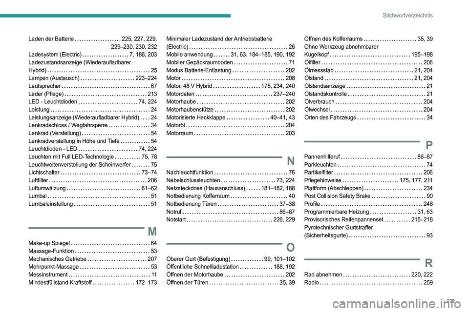 PEUGEOT 308 2024 Betriebsanleitungen (in German) 271
Stichwortverzeichnis
Laden der Batterie 225, 227, 229,
229–230, 230, 232
Ladesystem (Electric)
7, 186, 203
Ladezustandsanzeige (Wiederaufladbarer
Hybrid)
25
Lampen (Austausch)
PEUGEOT 308 2024 Betriebsanleitungen (in German) 271
Stichwortverzeichnis
Laden der Batterie 225, 227, 229,
229–230, 230, 232
Ladesystem (Electric)
7, 186, 203
Ladezustandsanzeige (Wiederaufladbarer
Hybrid)
25
Lampen (Austausch)