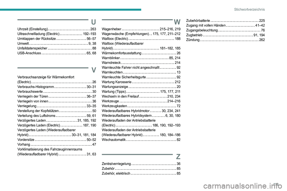 PEUGEOT 308 2024 Betriebsanleitungen (in German) 273
Stichwortverzeichnis
U
Uhrzeit (Einstellung) 263
Ultraschnellladung (Electric)
192–193
Umklappen der Rücksitze
56–57
Umwelt
9, 38
Unfalldatenspeicher
88
USB-Anschluss
PEUGEOT 308 2024 Betriebsanleitungen (in German) 273
Stichwortverzeichnis
U
Uhrzeit (Einstellung) 263
Ultraschnellladung (Electric)
192–193
Umklappen der Rücksitze
56–57
Umwelt
9, 38
Unfalldatenspeicher
88
USB-Anschluss