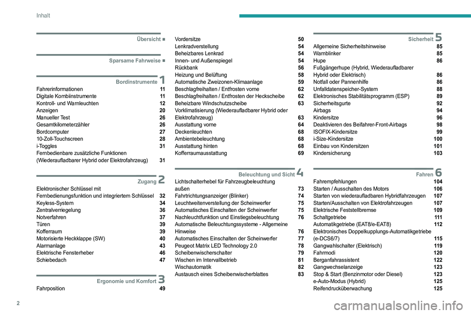 PEUGEOT 308 2024  Betriebsanleitungen (in German) 2
Inhalt
  ■
Übersicht
  ■
Sparsame Fahrweise
 1BordinstrumenteFahrerinformationen  11
Digitale Kombiinstrumente  11
Kontroll- und Warnleuchten  12
Anzeigen  20
Manueller Test  26
Gesamtkil
