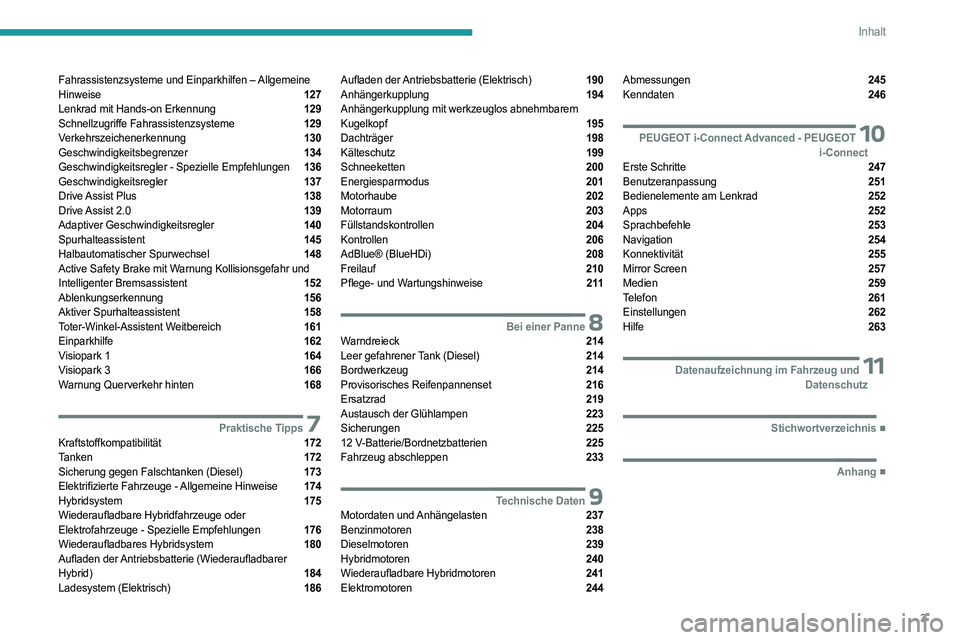 PEUGEOT 308 2024  Betriebsanleitungen (in German) 3
Inhalt
Fahrassistenzsysteme und Einparkhilfen – Allgemeine 
Hinweise  127
Lenkrad mit Hands-on Erkennung  129
Schnellzugriffe Fahrassistenzsysteme  129
Verkehrszeichenerkennung  130
Geschwindigkei