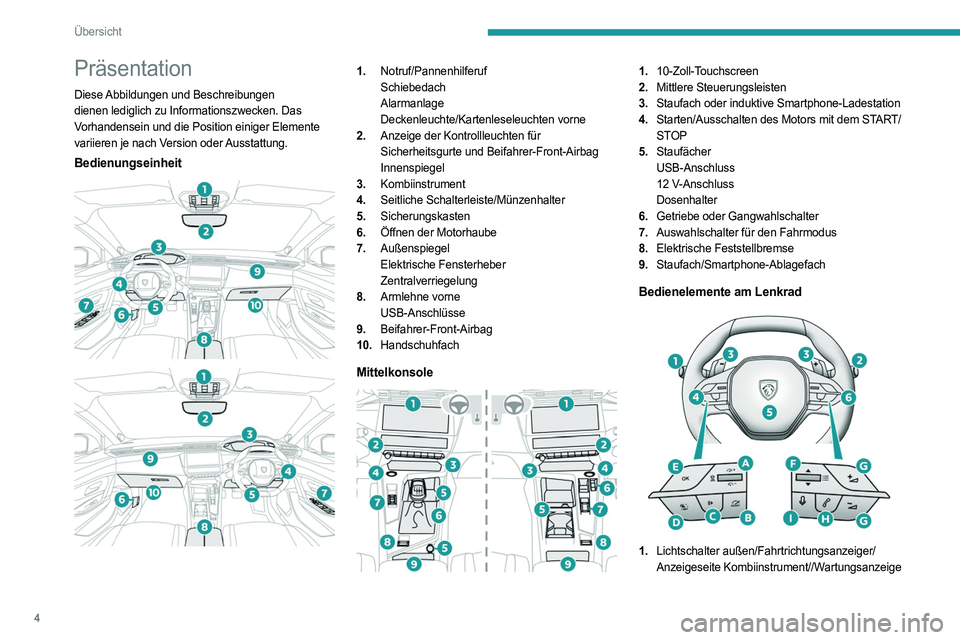 PEUGEOT 308 2024  Betriebsanleitungen (in German) 4
Übersicht
Präsentation
Diese Abbildungen und Beschreibungen 
dienen lediglich zu Informationszwecken. Das 
Vorhandensein und die Position einiger Elemente 
variieren je nach Version oder Ausstattu