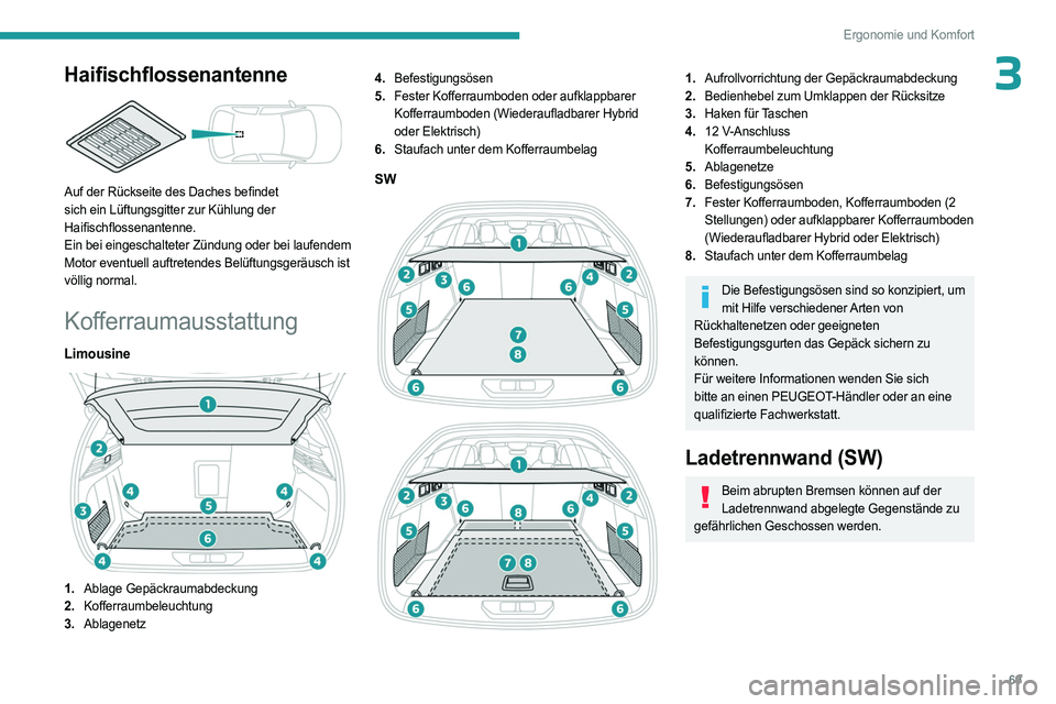 PEUGEOT 308 2024 Betriebsanleitungen (in German) 69
Ergonomie und Komfort
3Haifischflossenantenne
Auf der Rückseite des Daches befindet
sich ein Lüftungsgitter zur Kühlung der
Haifischflossenantenne.
Ein bei eingeschalteter Zündung oder be PEUGEOT 308 2024 Betriebsanleitungen (in German) 69
Ergonomie und Komfort
3Haifischflossenantenne
Auf der Rückseite des Daches befindet
sich ein Lüftungsgitter zur Kühlung der
Haifischflossenantenne.
Ein bei eingeschalteter Zündung oder be