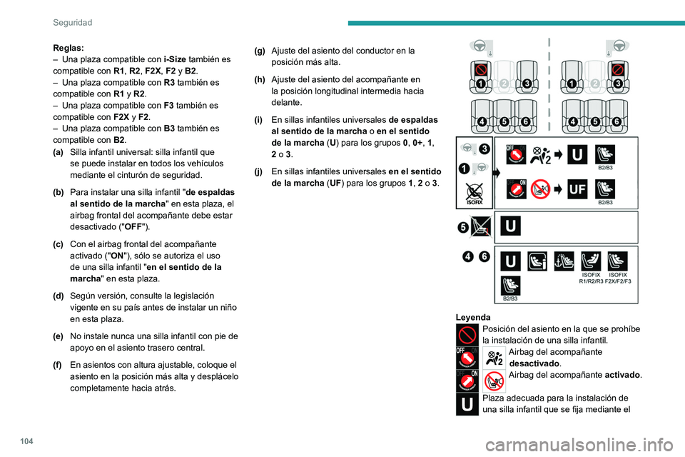 PEUGEOT 308 2024  Manual del propietario (in Spanish) 104
Seguridad
Reglas:
– Una plaza compatible con  i-Size
 también es 
compatible con  R1, R2, F2X, F2 y B2.
–
 
Una plaza compatible con  R3

 también es 
compatible con  R1 y R2.
–
 
Una plaz