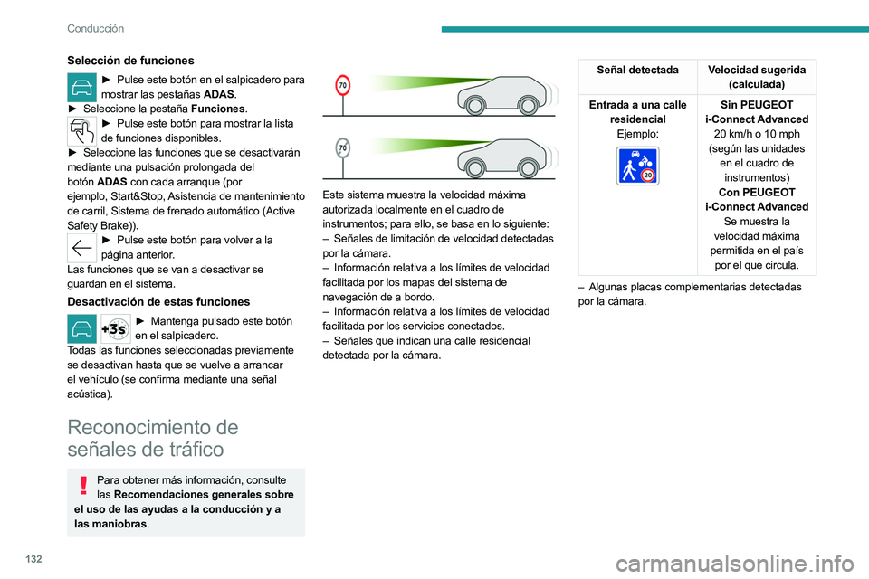 PEUGEOT 308 2024  Manual del propietario (in Spanish) 132
Conducción
Selección de funciones
► Pulse este botón en el salpicadero para mostrar las pestañas ADAS.
►
 
Seleccione la pestaña 
 Funciones.
► Pulse este botón para mostrar la lista  
