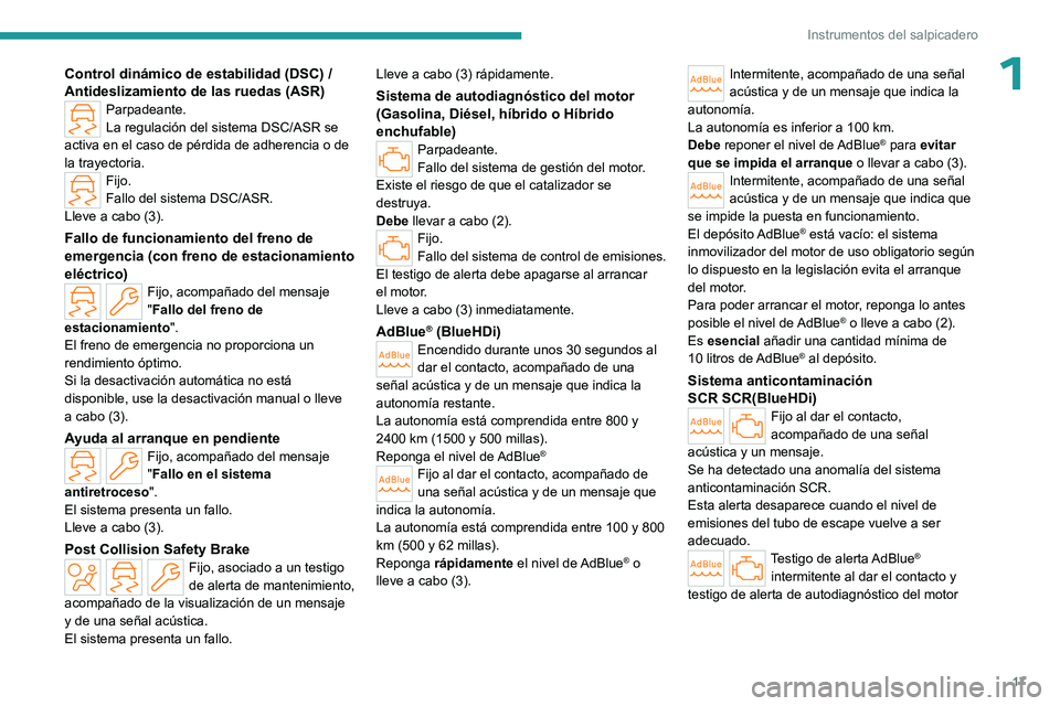 PEUGEOT 308 2024  Manual del propietario (in Spanish) 17
Instrumentos del salpicadero
1Control dinámico de estabilidad (DSC) / 
Antideslizamiento de las ruedas (ASR)
Parpadeante.
La regulación del sistema DSC/ASR se 
activa en el caso de pérdida de ad