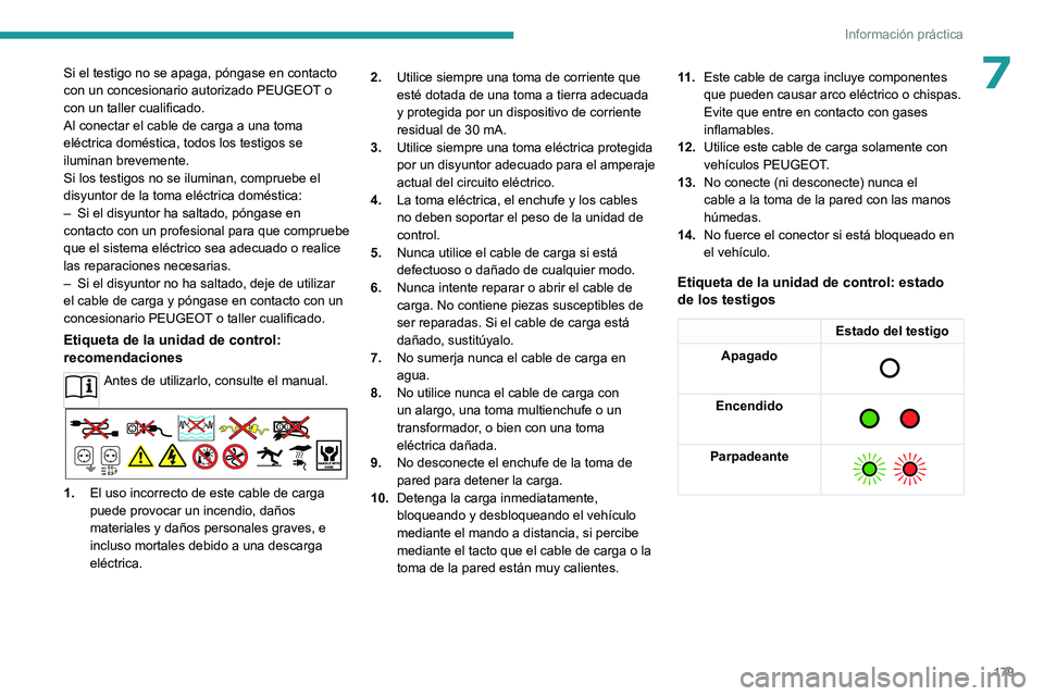 PEUGEOT 308 2024  Manual del propietario (in Spanish) 179
Información práctica
7Si el testigo no se apaga, póngase en contacto 
con un concesionario autorizado PEUGEOT o 
con un taller cualificado.
Al conectar el cable de carga a una toma 
eléctrica 
