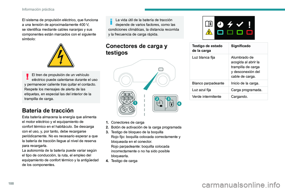 PEUGEOT 308 2024  Manual del propietario (in Spanish) 188
Información práctica
El sistema de propulsión eléctrico, que funciona 
a una tensión de aproximadamente 400  V, 
se identifica mediante cables naranjas y sus 
componentes están marcados con 