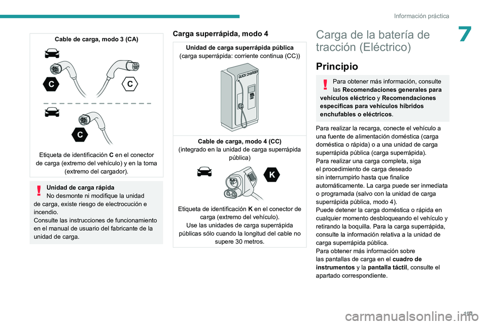 PEUGEOT 308 2024 Manual del propietario (in Spanish) 191
Información práctica
7Cable de carga, modo 3 (CA)
Etiqueta de identificación C en el conector
de carga (extremo del vehÃculo) y en la toma (extremo del cargador).
Unidad de carga rápida
PEUGEOT 308 2024 Manual del propietario (in Spanish) 191
Información práctica
7Cable de carga, modo 3 (CA)
Etiqueta de identificación C en el conector
de carga (extremo del vehÃculo) y en la toma (extremo del cargador).
Unidad de carga rápida