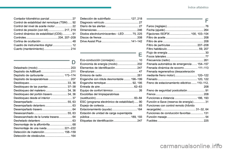 PEUGEOT 308 2024 Manual del propietario (in Spanish) 271
Índice alfabético
Contador kilométrico parcial 27
Control de estabilidad del remolque (TSM)
92
Control del nivel de aceite motor
22
Control de presión (con kit)
217, 219
Con PEUGEOT 308 2024 Manual del propietario (in Spanish) 271
Índice alfabético
Contador kilométrico parcial 27
Control de estabilidad del remolque (TSM)
92
Control del nivel de aceite motor
22
Control de presión (con kit)
217, 219
Con