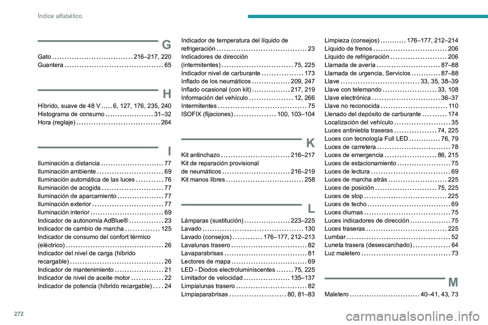 PEUGEOT 308 2024 Manual del propietario (in Spanish) 272
Índice alfabético
G
Gato 216–217, 220
Guantera
65
H
Híbrido, suave de 48 V 6, 127, 176, 235, 240
Histograma de consumo
31–32
Hora (reglaje)
264
I
Iluminación a distan PEUGEOT 308 2024 Manual del propietario (in Spanish) 272
Índice alfabético
G
Gato 216–217, 220
Guantera
65
H
Híbrido, suave de 48 V 6, 127, 176, 235, 240
Histograma de consumo
31–32
Hora (reglaje)
264
I
Iluminación a distan