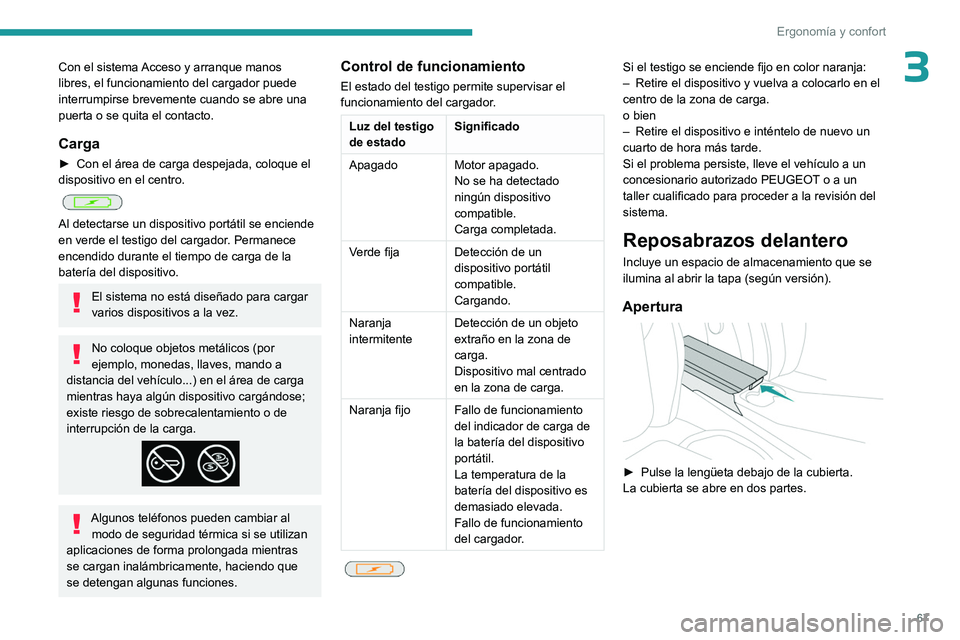 PEUGEOT 308 2024 Manual del propietario (in Spanish) 67
Ergonomía y confort
3Con el sistema Acceso y arranque manos
libres, el funcionamiento del cargador puede
interrumpirse brevemente cuando se abre una
puerta o se quita el contacto.
Carga
► Con PEUGEOT 308 2024 Manual del propietario (in Spanish) 67
Ergonomía y confort
3Con el sistema Acceso y arranque manos
libres, el funcionamiento del cargador puede
interrumpirse brevemente cuando se abre una
puerta o se quita el contacto.
Carga
► Con