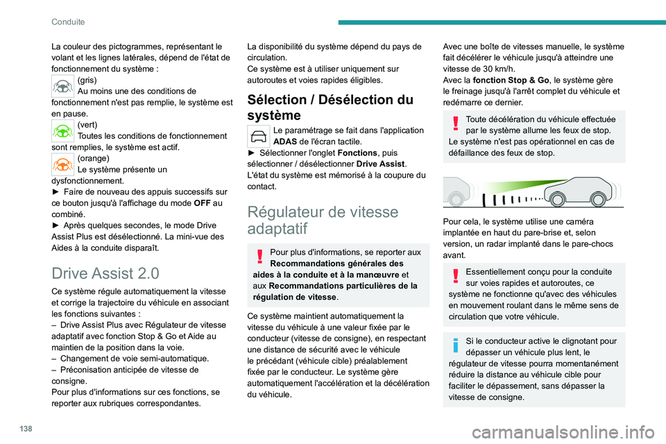 PEUGEOT 308 2024  Manuel du propriétaire (in French) 138
Conduite
La couleur des pictogrammes, représentant le 
volant et les lignes latérales, dépend de l'état de 
fonctionnement du système  :
(gris)
Au moins une des conditions de 
fonctionnem