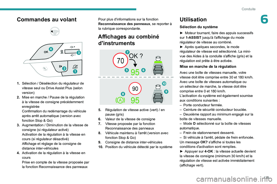 PEUGEOT 308 2024  Manuel du propriétaire (in French) 139
Conduite
6Commandes au volant 
 
 
 
1. Sélection   / Désélection du régulateur de 
vitesse seul ou Drive Assist Plus (selon 
version)
2. Mise en marche
  / Pause de la régulation 
à la vite