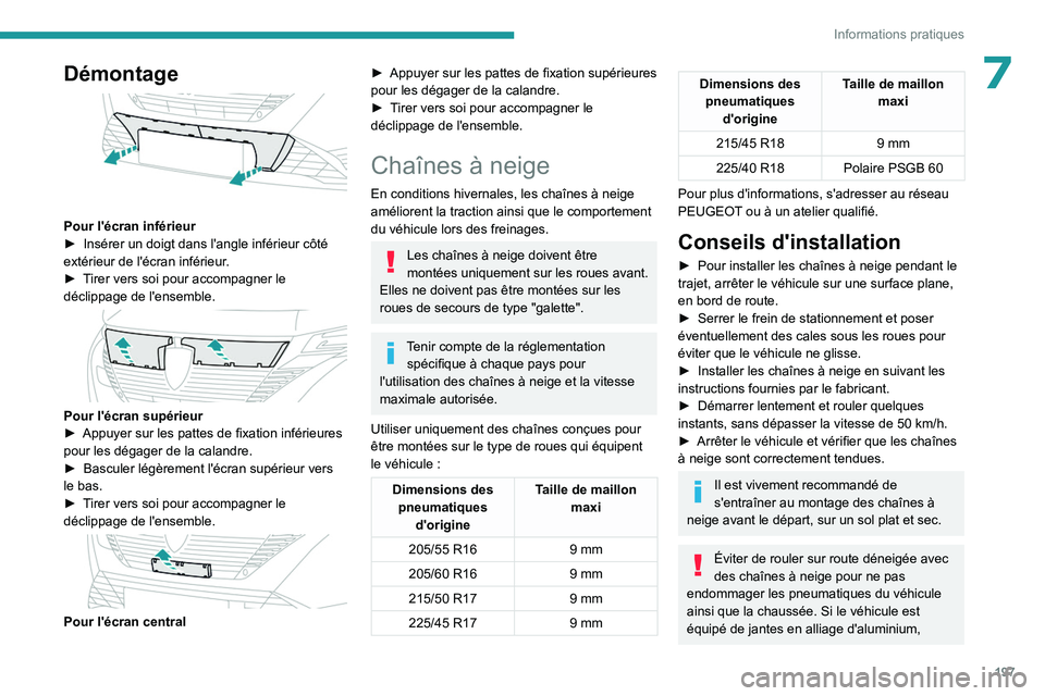 PEUGEOT 308 2024 Manuel du propriétaire (in French) 197
Informations pratiques
7Démontage
Pour l'écran inférieur
► Insérer un doigt dans l'angle inférieur côté
extérieur de l'écran inférieur
.
►
T
irer vers soi pour acc PEUGEOT 308 2024 Manuel du propriétaire (in French) 197
Informations pratiques
7Démontage
Pour l'écran inférieur
► Insérer un doigt dans l'angle inférieur côté
extérieur de l'écran inférieur
.
►
T
irer vers soi pour acc