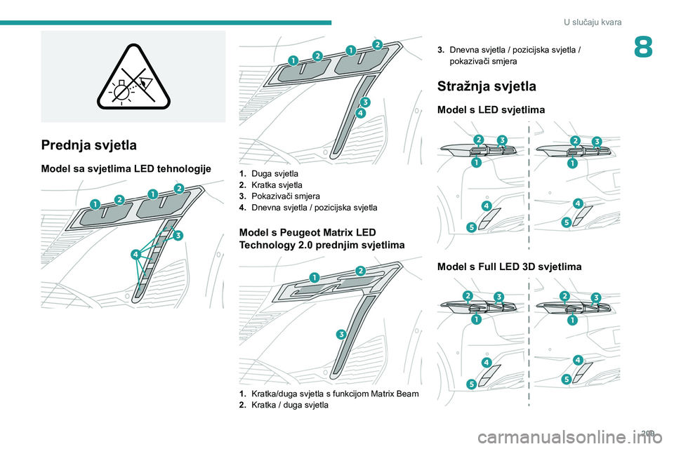 PEUGEOT 308 2024 Upute Za Rukovanje (in Croatian) 209
U slučaju kvara
8
Prednja svjetla
Model sa svjetlima LED tehnologije
1. Duga svjetla
2. Kratka svjetla
3. Pokazivači smjera
4. Dnevna svjetla / pozicijska svjetla
Model s Peugeot Matri PEUGEOT 308 2024 Upute Za Rukovanje (in Croatian) 209
U slučaju kvara
8
Prednja svjetla
Model sa svjetlima LED tehnologije
1. Duga svjetla
2. Kratka svjetla
3. Pokazivači smjera
4. Dnevna svjetla / pozicijska svjetla
Model s Peugeot Matri