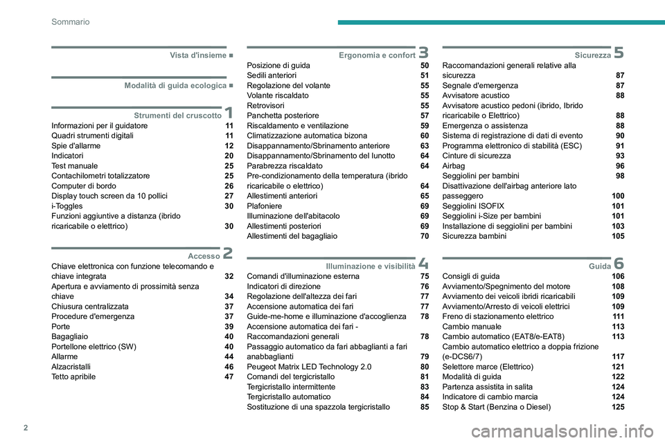 PEUGEOT 308 2024  Manuale duso (in Italian) 2
Sommario
  ■
Vista d'insieme
  ■
Modalità di guida ecologica
 1Strumenti del cruscottoInformazioni per il guidatore  11
Quadri strumenti digitali  11
Spie d'allarme  12
Indicatori