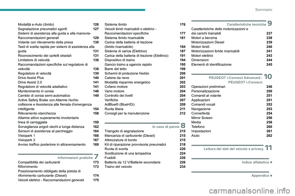 PEUGEOT 308 2024 Manuale duso (in Italian) 3
Sommario
Modalità e-Auto (ibrido) 126
Segnalazione pneumatici sgonfi 127
Sistemi di assistenza alla guida e alla manovra-
Raccomandazioni generali
129
Volante con rilevamento della presa 130
PEUGEOT 308 2024 Manuale duso (in Italian) 3
Sommario
Modalità e-Auto (ibrido) 126
Segnalazione pneumatici sgonfi 127
Sistemi di assistenza alla guida e alla manovra-
Raccomandazioni generali
129
Volante con rilevamento della presa 130