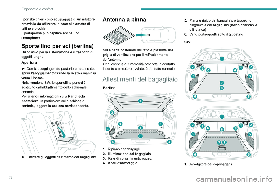 PEUGEOT 308 2024  Manuale duso (in Italian) 70
Ergonomia e confort
I portabicchieri sono equipaggiati di un riduttore 
rimovibile da utilizzare in base al diametro di 
lattine e bicchieri.
Il portapenne può ospitare anche uno 
smartphone.
Spor