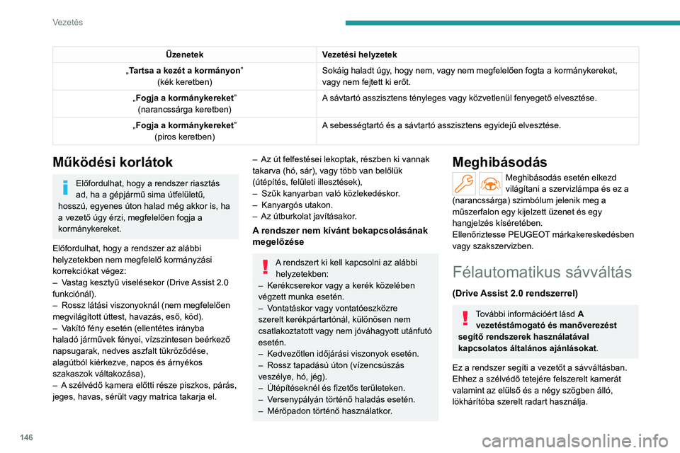 PEUGEOT 308 2024  Kezelési útmutató (in Hungarian) 146
Vezetés
ÜzenetekVezetési helyzetek
„Tartsa a kezét a kormányon” (kék keretben) Sokáig haladt úgy, hogy nem, vagy nem megfelelően fogta a kormánykereket, 
vagy nem fejtett ki erőt.
