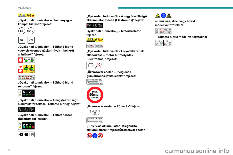 PEUGEOT 308 2024 Kezelési útmutató (in Hungarian) 8
Áttekintés
„Gyakorlati tudnivalók – Üzemanyagok
kompatibilitása” fejezet:
„Gyakorlati tudnivalók – Tölthető hibrid
vagy elektromos gépjárművek – konkrét
ajánlá PEUGEOT 308 2024 Kezelési útmutató (in Hungarian) 8
Áttekintés
„Gyakorlati tudnivalók – Üzemanyagok
kompatibilitása” fejezet:
„Gyakorlati tudnivalók – Tölthető hibrid
vagy elektromos gépjárművek – konkrét
ajánlá