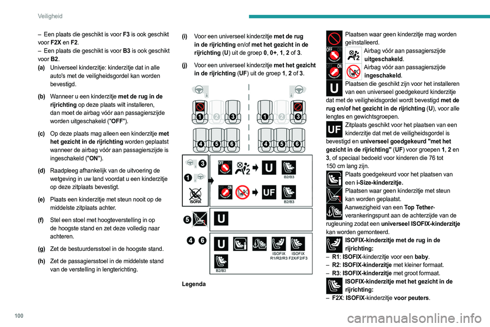 PEUGEOT 308 2024  Instructieboekje (in Dutch) 100
Veiligheid
– Een plaats die geschikt is voor F3 is ook geschikt 
voor  F2X en F2.
–
 
Een plaats die geschikt is voor 
 B3 is ook geschikt 
voor  B2.
(a) Universeel kinderzitje: kinderzitje da