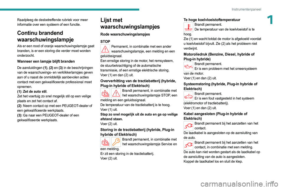PEUGEOT 308 2024 Instructieboekje (in Dutch) 13
Instrumentenpaneel
1Raadpleeg de desbetreffende rubriek voor meer
informatie over een systeem of een functie.
Continu brandend
waarschuwingslampje
Als er een rood of oranje waarschuwingslampje ga PEUGEOT 308 2024 Instructieboekje (in Dutch) 13
Instrumentenpaneel
1Raadpleeg de desbetreffende rubriek voor meer
informatie over een systeem of een functie.
Continu brandend
waarschuwingslampje
Als er een rood of oranje waarschuwingslampje ga