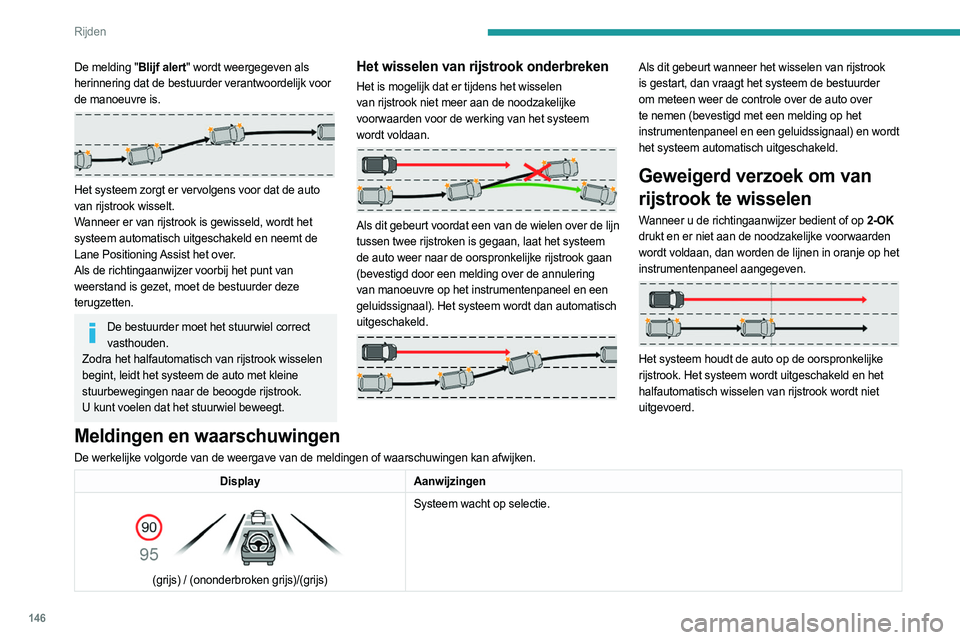 PEUGEOT 308 2024  Instructieboekje (in Dutch) 146
Rijden
De melding "Blijf alert" wordt weergegeven als 
herinnering dat de bestuurder verantwoordelijk voor  
de manoeuvre is.
 
 
Het systeem zorgt er vervolgens voor dat de auto 
van rijs
