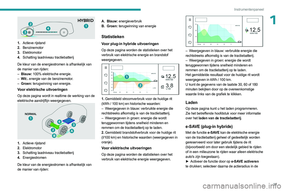 PEUGEOT 308 2024 Instructieboekje (in Dutch) 29
Instrumentenpaneel
1
1.Actieve rijstand
2. Benzinemotor
3. Elektromotor
4. Schatting laadniveau tractiebatterij
De kleur van de energiestromen is afhankelijk van
de manier van rijden:
–
Blauw PEUGEOT 308 2024 Instructieboekje (in Dutch) 29
Instrumentenpaneel
1
1.Actieve rijstand
2. Benzinemotor
3. Elektromotor
4. Schatting laadniveau tractiebatterij
De kleur van de energiestromen is afhankelijk van
de manier van rijden:
–
Blauw