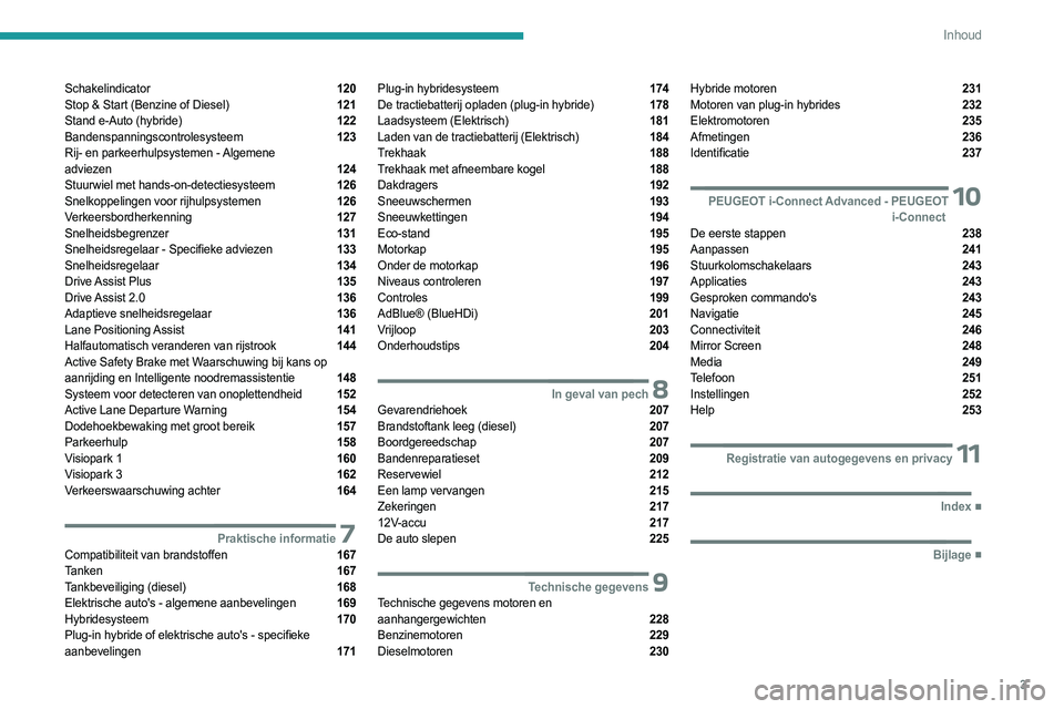 PEUGEOT 308 2024  Instructieboekje (in Dutch) 3
Inhoud
Schakelindicator  120
Stop & Start (Benzine of Diesel)  121
Stand e-Auto (hybride)  122
Bandenspanningscontrolesysteem  123
Rij- en parkeerhulpsystemen - Algemene   
adviezen 
 124
Stuurwiel 