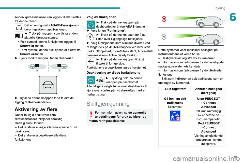 PEUGEOT 308 2024 Instruksjoner for bruk (in Norwegian) 121
Kjøring
6Annen kjøreassistanse kan legges til eller slettes
fra denne fanen.
Det er konfigurert i ADAS>Funksjoner-
berøringsskjerm applikasjonen.
► Trykk på knappen som tilsvarer den
aktue PEUGEOT 308 2024 Instruksjoner for bruk (in Norwegian) 121
Kjøring
6Annen kjøreassistanse kan legges til eller slettes
fra denne fanen.
Det er konfigurert i ADAS>Funksjoner-
berøringsskjerm applikasjonen.
► Trykk på knappen som tilsvarer den
aktue