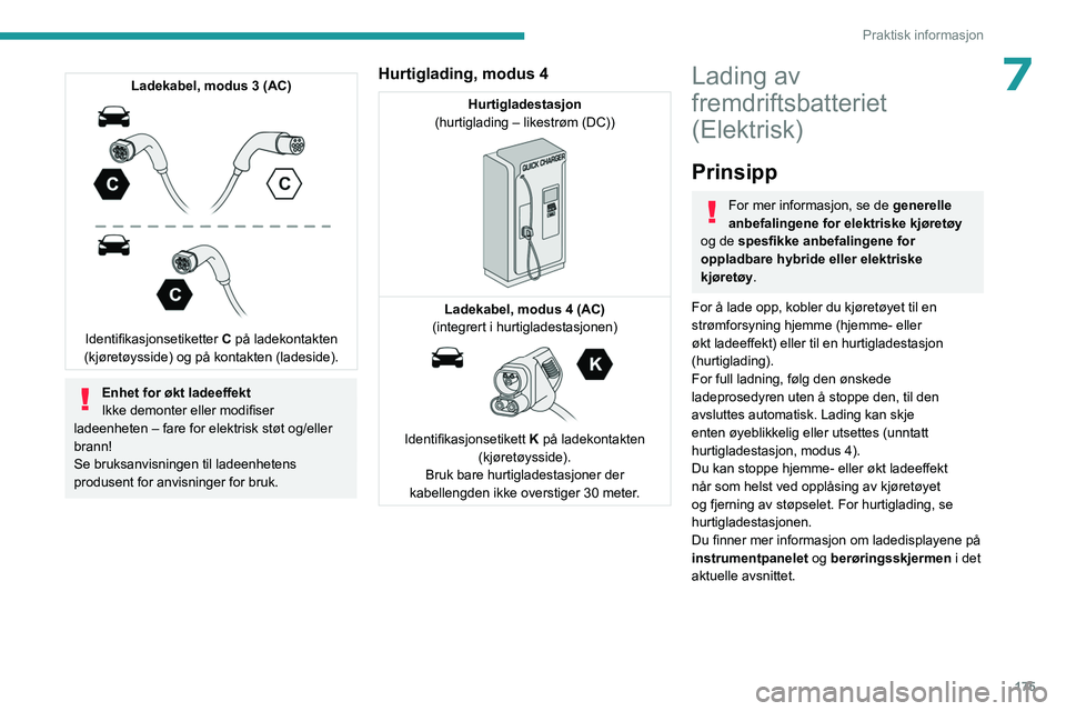 PEUGEOT 308 2024 Instruksjoner for bruk (in Norwegian) 175
Praktisk informasjon
7Ladekabel, modus 3 (AC)
Identifikasjonsetiketter C på ladekontakten
(kjøretøysside) og på kontakten (ladeside).
Enhet for økt ladeeffekt
Ikke demonter eller modifise PEUGEOT 308 2024 Instruksjoner for bruk (in Norwegian) 175
Praktisk informasjon
7Ladekabel, modus 3 (AC)
Identifikasjonsetiketter C på ladekontakten
(kjøretøysside) og på kontakten (ladeside).
Enhet for økt ladeeffekt
Ikke demonter eller modifise