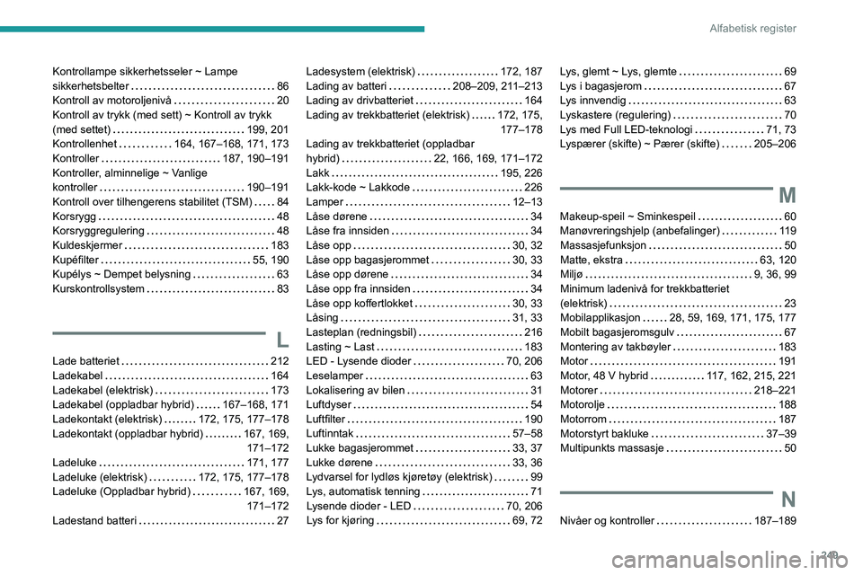 PEUGEOT 308 2024  Instruksjoner for bruk (in Norwegian) 249
Alfabetisk register
Kontrollampe sikkerhetsseler ~ Lampe 
sikkerhetsbelter    
86
Kontroll av motoroljenivå
    
20
Kontroll av trykk (med sett) ~ Kontroll av trykk 
(med settet)
    
199, 201
Ko