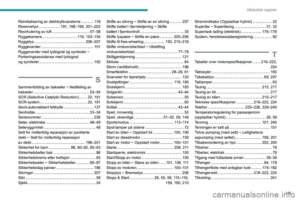 PEUGEOT 308 2024 Instruksjoner for bruk (in Norwegian) 251
Alfabetisk register
Reinitialisering av dekktrykkvarslerne 11 8
Reservehjul
191, 198–199, 201–202
Resirkulering av luft
57–58
Ryggekamera
119, 153–154
Ryggelys
206â PEUGEOT 308 2024 Instruksjoner for bruk (in Norwegian) 251
Alfabetisk register
Reinitialisering av dekktrykkvarslerne 11 8
Reservehjul
191, 198–199, 201–202
Resirkulering av luft
57–58
Ryggekamera
119, 153–154
Ryggelys
206â