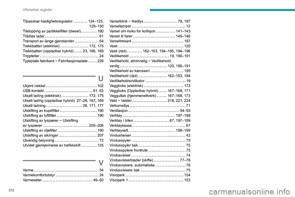PEUGEOT 308 2024  Instruksjoner for bruk (in Norwegian) 252
Alfabetisk register
Tilpassbar hastighetsregulator     124–125,  
129–130
Tilstopping av partikkelfilter (diesel)
    
190
Trådløs lader
    
61
Transport av lange gjenstander
    
64
Trekkb