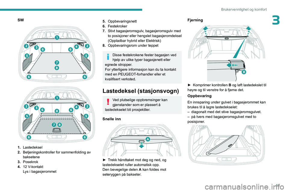 PEUGEOT 308 2024 Instruksjoner for bruk (in Norwegian) 65
Brukervennlighet og komfort
3SW
1. Lastedeksel
2. Betjeningskontroller for sammenfolding av
baksetene
3. Posekrok
4. 12
V-kontakt
Lys i bagasjerommet
5. Oppbevaringsnett
6. Festekroker
7. PEUGEOT 308 2024 Instruksjoner for bruk (in Norwegian) 65
Brukervennlighet og komfort
3SW
1. Lastedeksel
2. Betjeningskontroller for sammenfolding av
baksetene
3. Posekrok
4. 12
V-kontakt
Lys i bagasjerommet
5. Oppbevaringsnett
6. Festekroker
7.
