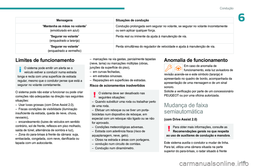 PEUGEOT 308 2024  Manual de utilização (in Portuguese) 143
Condução
6MensagensSituações de condução
“ Mantenha as mãos no volante”
(emoldurado em azul) Condução prolongada sem segurar no volante, se segurar no volante \
incorretamente 
ou sem