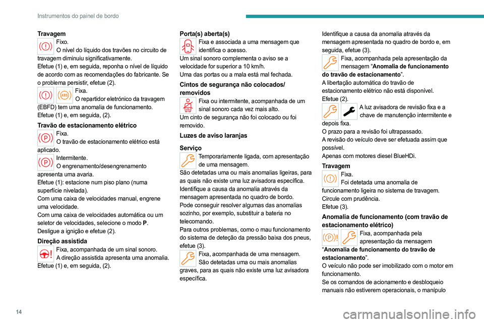 PEUGEOT 308 2024 Manual de utilização (in Portuguese) 14
Instrumentos do painel de bordo
TravagemFixo.O nível do líquido dos travões no circuito de
travagem diminuiu significativamente.
Efetue (1) e, em seguida, reponha o nível de líquido
de acord PEUGEOT 308 2024 Manual de utilização (in Portuguese) 14
Instrumentos do painel de bordo
TravagemFixo.O nível do líquido dos travões no circuito de
travagem diminuiu significativamente.
Efetue (1) e, em seguida, reponha o nível de líquido
de acord