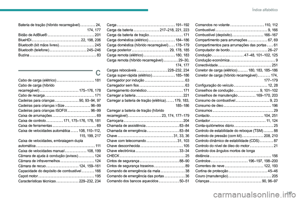 PEUGEOT 308 2024 Manual de utilização (in Portuguese) 257
Índice alfabético
Bateria de tração (híbrido recarregável) 24,
174, 177
Bidão de AdBlue®
201
BlueHDi
22, 198, 206
Bluetooth (kit mãos livres)
245
Bluetooth (telefone)
PEUGEOT 308 2024 Manual de utilização (in Portuguese) 257
Índice alfabético
Bateria de tração (híbrido recarregável) 24,
174, 177
Bidão de AdBlue®
201
BlueHDi
22, 198, 206
Bluetooth (kit mãos livres)
245
Bluetooth (telefone)