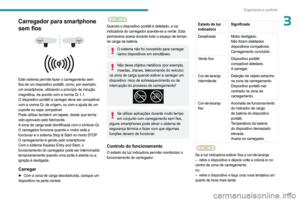 PEUGEOT 308 2024 Manual de utilização (in Portuguese) 63
Ergonomia e conforto
3Carregador para smartphone
sem fios
Este sistema permite fazer o carregamento sem
fios de um dispositivo portátil, como, por exemplo,
um smartphone, utilizando o p PEUGEOT 308 2024 Manual de utilização (in Portuguese) 63
Ergonomia e conforto
3Carregador para smartphone
sem fios
Este sistema permite fazer o carregamento sem
fios de um dispositivo portátil, como, por exemplo,
um smartphone, utilizando o p