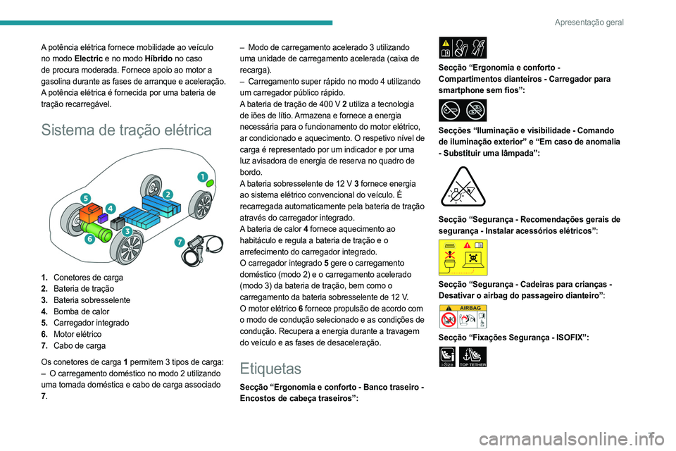 PEUGEOT 308 2024 Manual de utilização (in Portuguese) 7
Apresentação geral
A potência elétrica fornece mobilidade ao veículo
no modo Electric e no modo Híbrido no caso
de procura moderada. Fornece apoio ao motor a
gasolina durante as fases de ar PEUGEOT 308 2024 Manual de utilização (in Portuguese) 7
Apresentação geral
A potência elétrica fornece mobilidade ao veículo
no modo Electric e no modo Híbrido no caso
de procura moderada. Fornece apoio ao motor a
gasolina durante as fases de ar