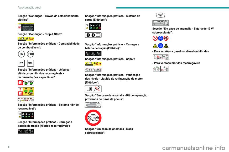 PEUGEOT 308 2024 Manual de utilização (in Portuguese) 8
Apresentação geral
Secção “Condução - Travão de estacionamento
elétrico”:
Secção “Condução - Stop & Start”:
Secção “Informações práticas - Compatibilidade
de combu PEUGEOT 308 2024 Manual de utilização (in Portuguese) 8
Apresentação geral
Secção “Condução - Travão de estacionamento
elétrico”:
Secção “Condução - Stop & Start”:
Secção “Informações práticas - Compatibilidade
de combu