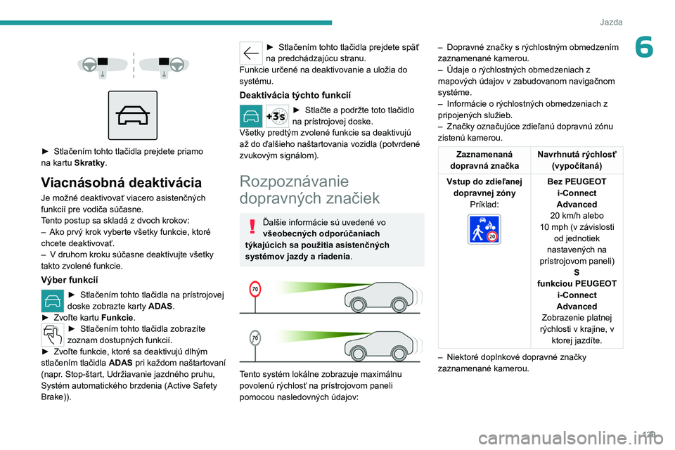 PEUGEOT 308 2024  Návod na použitie (in Slovakian) 129
Jazda
6 
 
 
 
► Stlačením tohto tlačidla prejdete priamo 
na   kartu Skratky .
Viacnásobná deaktivácia
Je možné deaktivovať viacero asistenčných 
funkcií pre vodiča súčasne.
Tent