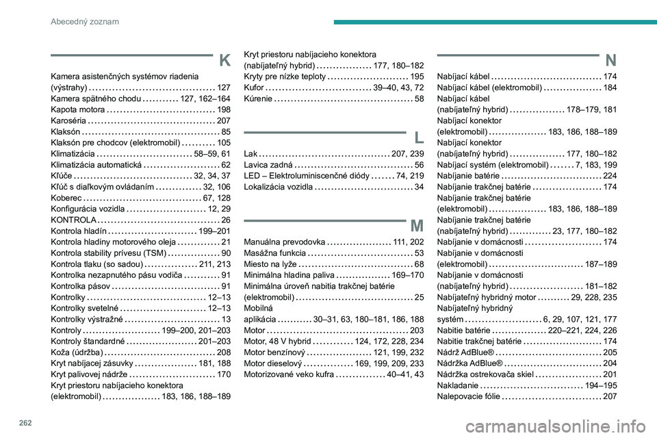 PEUGEOT 308 2024  Návod na použitie (in Slovakian) 262
Abecedný zoznam
K
Kamera asistenčných systémov riadenia 
(výstrahy)    
127
Kamera spätného chodu
    
127, 162–164
Kapota motora
    
198
Karoséria
    
207
Klaksón
    
85
Klaksón pr