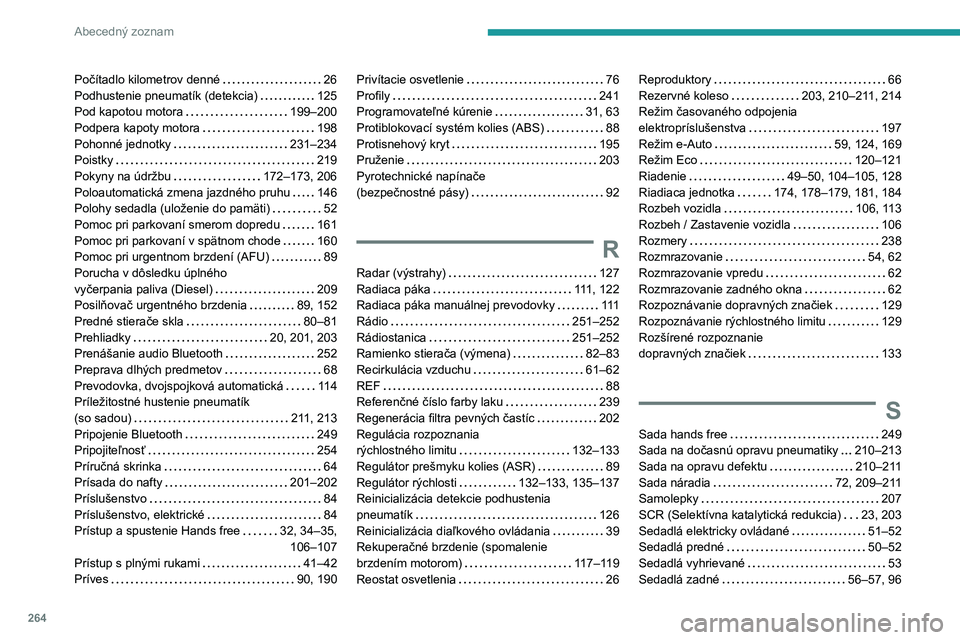 PEUGEOT 308 2024  Návod na použitie (in Slovakian) 264
Abecedný zoznam
Počítadlo kilometrov denné     26
Podhustenie pneumatík (detekcia)     
125
Pod kapotou motora
    
199–200
Podpera kapoty motora
    
198
Pohonné jednotky
    
231–234
P