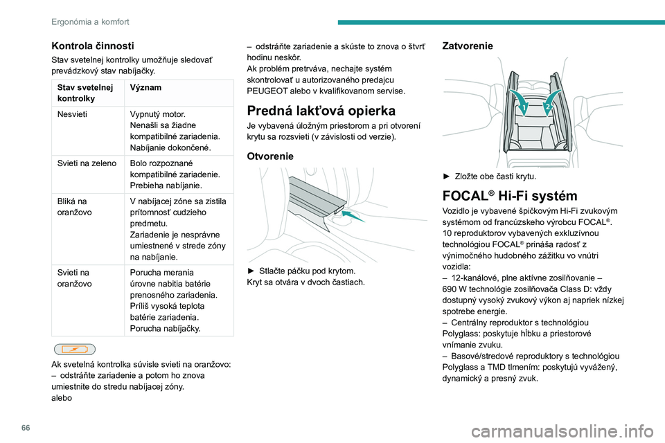 PEUGEOT 308 2024 Návod na použitie (in Slovakian) 66
Ergonómia a komfort
Kontrola činnosti
Stav svetelnej kontrolky umožňuje sledovať
prevádzkový stav nabíjačky.
Stav svetelnej
kontrolkyVýznam
Nesvieti Vypnutý motor.
Nenašli sa žiadne PEUGEOT 308 2024 Návod na použitie (in Slovakian) 66
Ergonómia a komfort
Kontrola činnosti
Stav svetelnej kontrolky umožňuje sledovať
prevádzkový stav nabíjačky.
Stav svetelnej
kontrolkyVýznam
Nesvieti Vypnutý motor.
Nenašli sa žiadne
