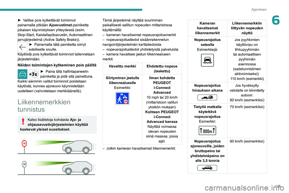 PEUGEOT 308 2024  Omistajan Käsikirja (in Finnish) 125
Ajaminen
6► Valitse pois kytkettävät toiminnot 
painamalla pitkään Ajoavustimet-painiketta 
jokaisen käynnistyksen yhteydessä (esim. 
Stop
- Start,  Kaistallapitoavustin, Automaattinen 
ja