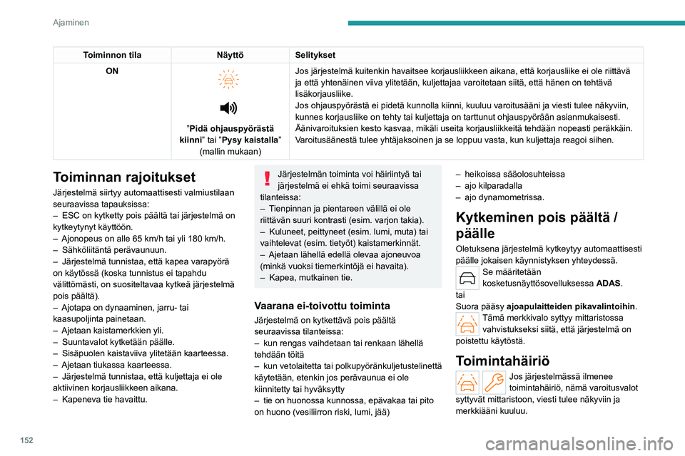 PEUGEOT 308 2024  Omistajan Käsikirja (in Finnish) 152
Ajaminen
Toiminnon tilaNäyttöSelitykset
ON 
 
 
 
”Pidä ohjauspyörästä 
kiinni ” tai ”Pysy kaistalla” 
(mallin mukaan) Jos järjestelmä kuitenkin havaitsee korjausliikkeen aikana, e