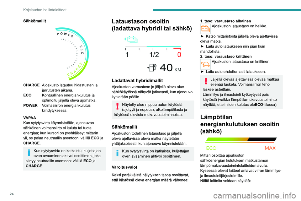 PEUGEOT 308 2024  Omistajan Käsikirja (in Finnish) 24
Kojelaudan hallintalaitteet
Sähkömallit 
 
CHARGEAjoakusto latautuu hidastusten ja 
jarrutusten aikana.
ECO Kohtuullinen energiankulutus ja 
optimoitu jäljellä oleva ajomatka.
POWER Voimasiirro