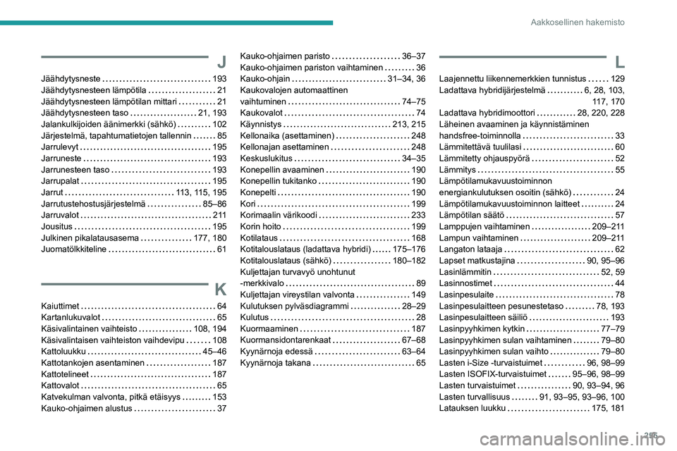 PEUGEOT 308 2024  Omistajan Käsikirja (in Finnish) 255
Aakkosellinen hakemisto
J
Jäähdytysneste     193
Jäähdytysnesteen lämpötila     
21
Jäähdytysnesteen lämpötilan mittari
    
21
Jäähdytysnesteen taso
    
21, 193
Jalankulkijoiden ää